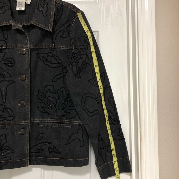 Coldwater Creek Cotton Embroidered Beaded Buttoned Pockets Black Denim Jacket MP - Picture 13 of 13